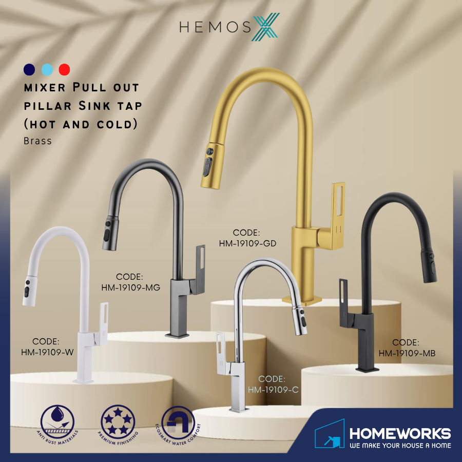 HEMOS KITCHEN FAUCET BRASS PULL OUT MIXER PILLAR SINK TAP KEPALA PAIP DAPUR HM-19109