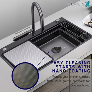 HEMOS SUS304 WORKSTATION KITCHEN 3.0MM THICKNESS SINK CW FLYING FISH TAP BLACK HM-6848,7850-MB(EB)