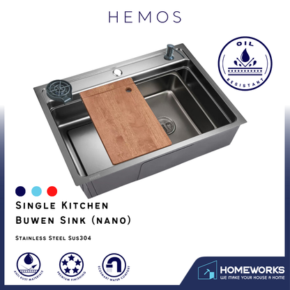 HEMOS 750X460MM SUS304 STEEL NANO SIGNLE KITCHEN 3.0MM THICKNESS BUWEN SINK HM-7546-MB (BW)