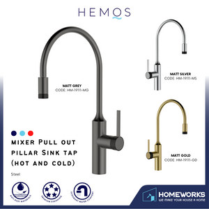 HEMOS KITCHEN FAUCET STAINLESS STEEL PILLAR SINK TAP CAN ADJUST BUBBLER WATER KEPALA PAIP DAPUR HM-19111-MS,MG,GD