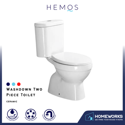 HEMOS BATHROOM WHITE CERAMIC TWO PIECE TOILET BOWL POWERFUL & QUIET JAMBAN BILIK AIR HM-751-250-W