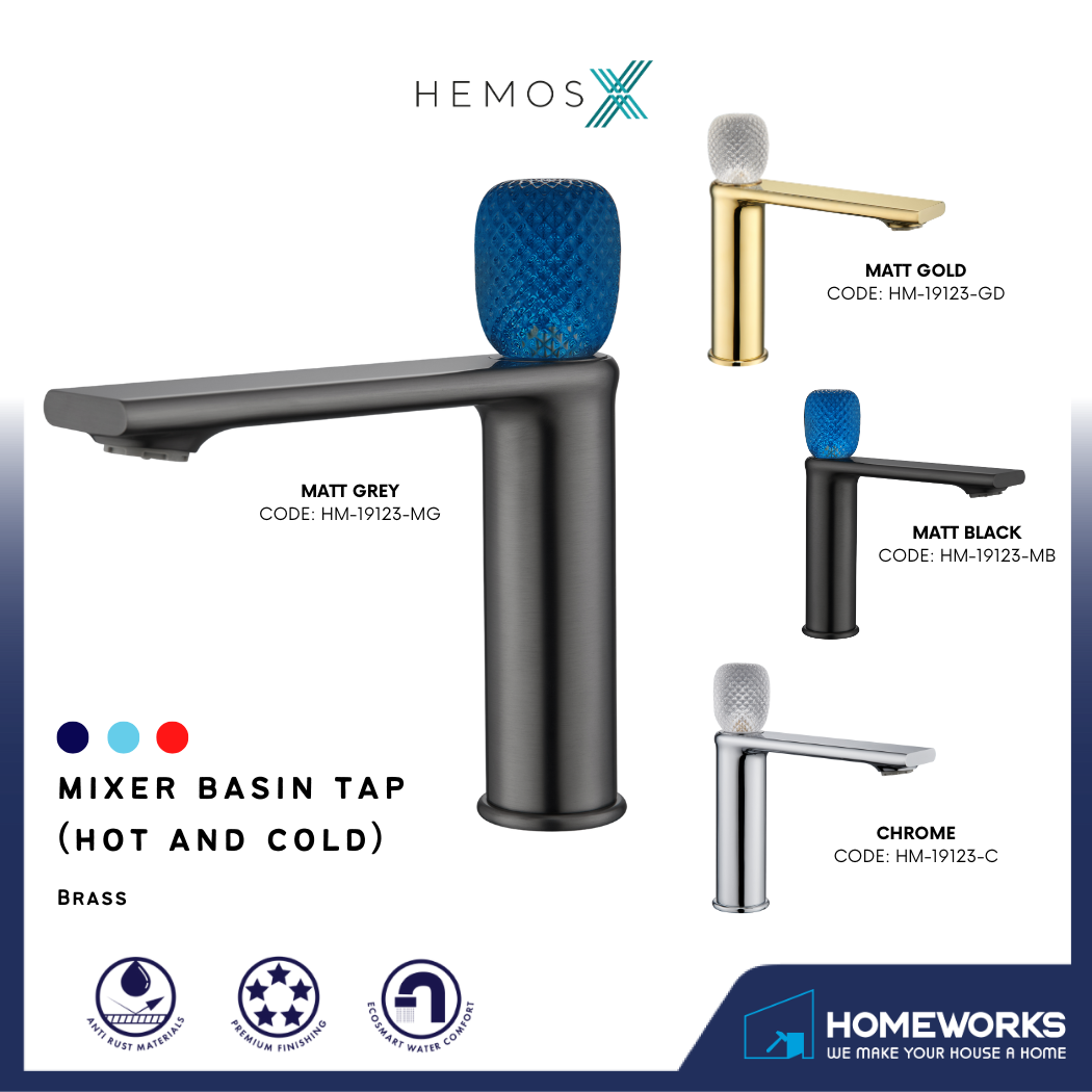 HEMOS BATHROOM FAUCET BRASS MIXER HOT COLD PILLAR BASIN TAP KEPALA PAIR BILIK AIR HM-19123