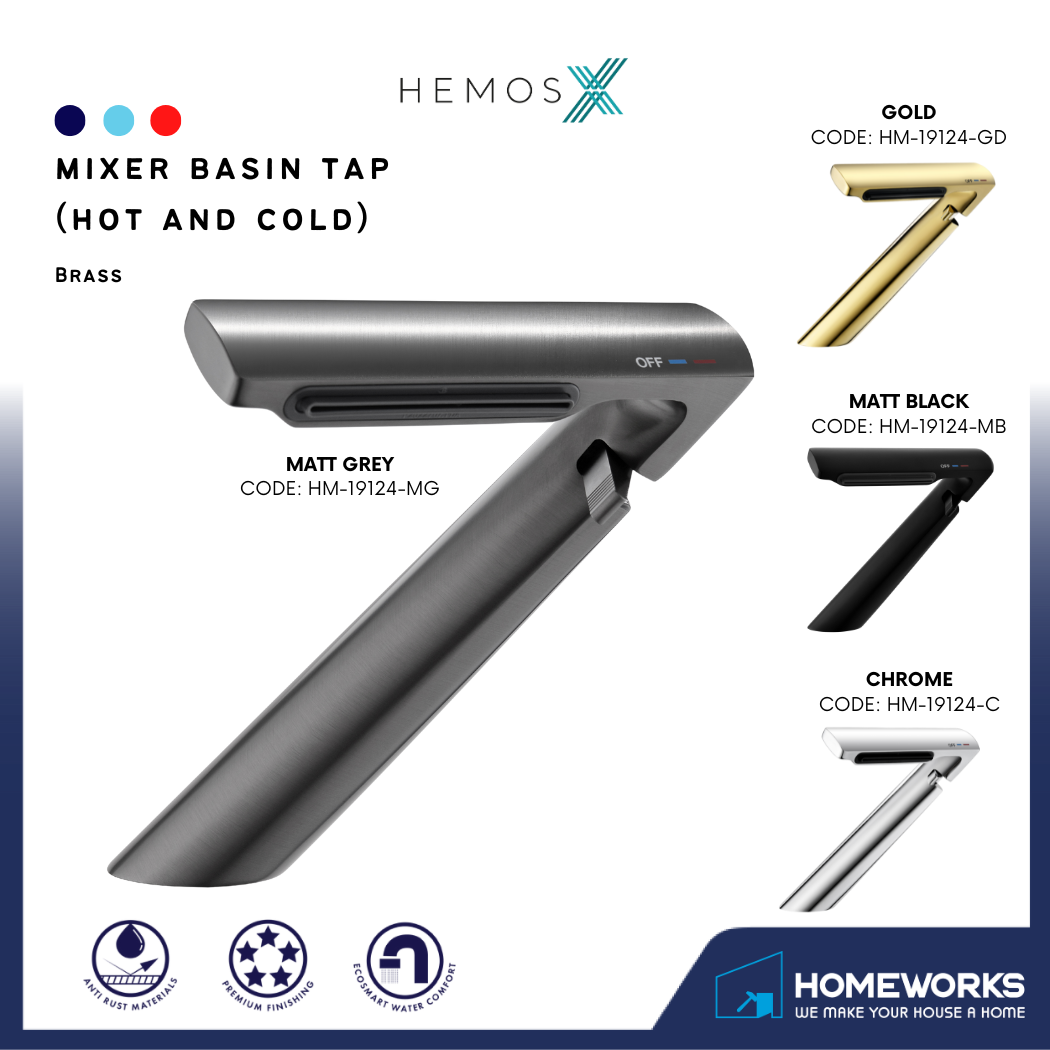 HEMOS BATHROOM FAUCET BRASS MIXER HOT COLD WATERFALL PILLAR BASIN TAP KEPALA PAIR BILIK AIR HM-19124