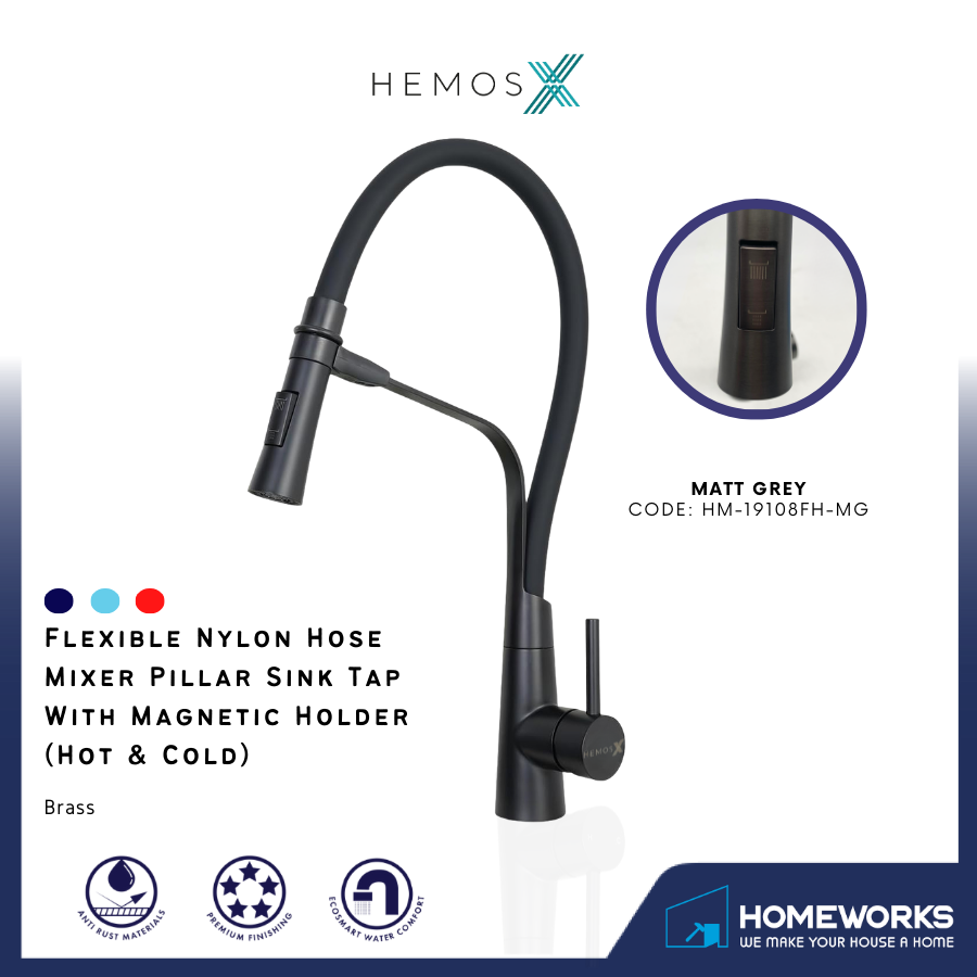 HEMOS KITCHEN FAUCET FLEXIBLE NYLON HOSE MIXER PILLAR SINK TAP WITH MAGNETIC HOLDER HM-19108FH-MG