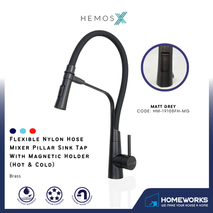 HEMOS KITCHEN FAUCET FLEXIBLE NYLON HOSE MIXER PILLAR SINK TAP WITH MAGNETIC HOLDER HM-19108FH-MG