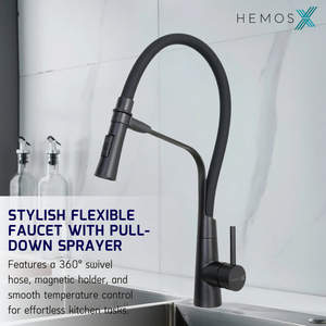 HEMOS KITCHEN FAUCET FLEXIBLE NYLON HOSE MIXER PILLAR SINK TAP WITH MAGNETIC HOLDER HM-19108FH-MG