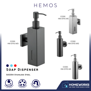 HEMOS PARTS 220ML STAINLESS STEEL SUS304 SOAP DISPENSER SILVER & GREY (SQUARE & ROUND) HM-0195,0196