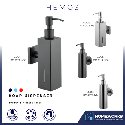 HEMOS PARTS 220ML STAINLESS STEEL SUS304 SOAP DISPENSER SILVER & GREY (SQUARE & ROUND) HM-0195,0196