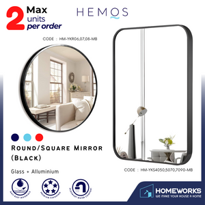 HEMOS BATHROOM MIRROR 600/700/800MM WALL MOUNTED ALUMINUM BLACK FRAME ROUND & RECTANGLE KACA CERMIN