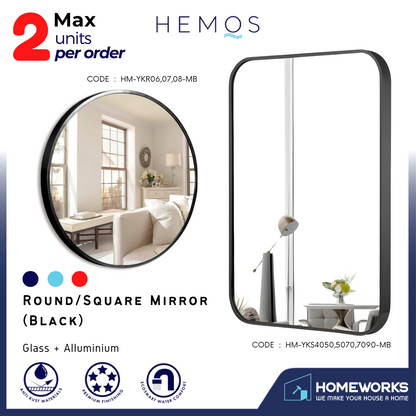 HEMOS BATHROOM MIRROR 600/700/800MM WALL MOUNTED ALUMINUM BLACK FRAME ROUND & RECTANGLE KACA CERMIN