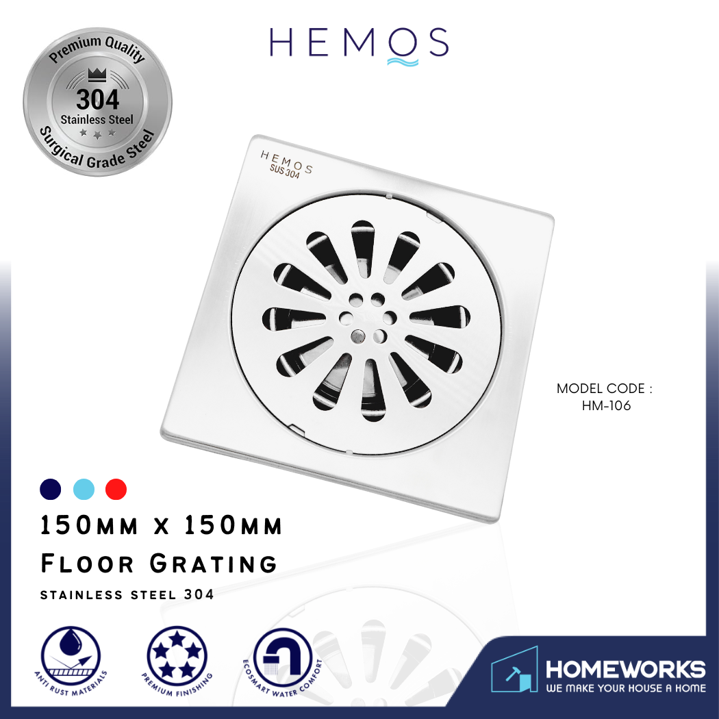 HEMOS 150x150MM 6" SUS 304 FLOOR TRAP GRATING WATER DRAIN PENUTUP LUBANG LANTAI BILIK AIR HM-106