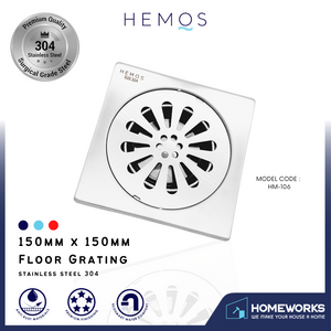 HEMOS 150x150MM 6" SUS 304 FLOOR TRAP GRATING WATER DRAIN PENUTUP LUBANG LANTAI BILIK AIR HM-106