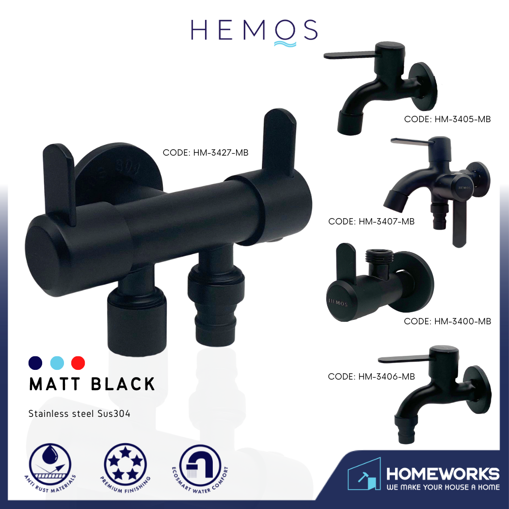 HEMOS BATHROOM FAUCET SUS304 TWO WAY TAP ANGLE VALVE WALL BIB TAP MATT BLACK KEPALA PAIP 34SERIES
