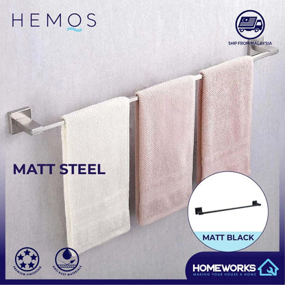 HEMOS BATHROOM FITTING SUS 304 HIGH QUANLITY SINGLE TOWEL BAR TUALA HM-82801 (MATT BLACK,SILVER)