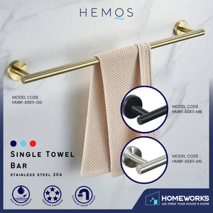HEMOS 750MM BATHROOM FITTING SUS 304 SINGLE TOWEL BAR TUALA HM-83811 (MATT BLACK, GOLD, SILVER)