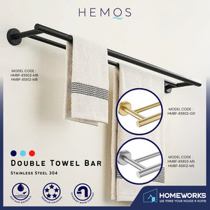 HEMOS 600/750MM BATHROOM FITTING SUS 304 DOUBLE TOWEL BAR HM-83802,83812 (MATT BLACK,GOLD,SILVER)