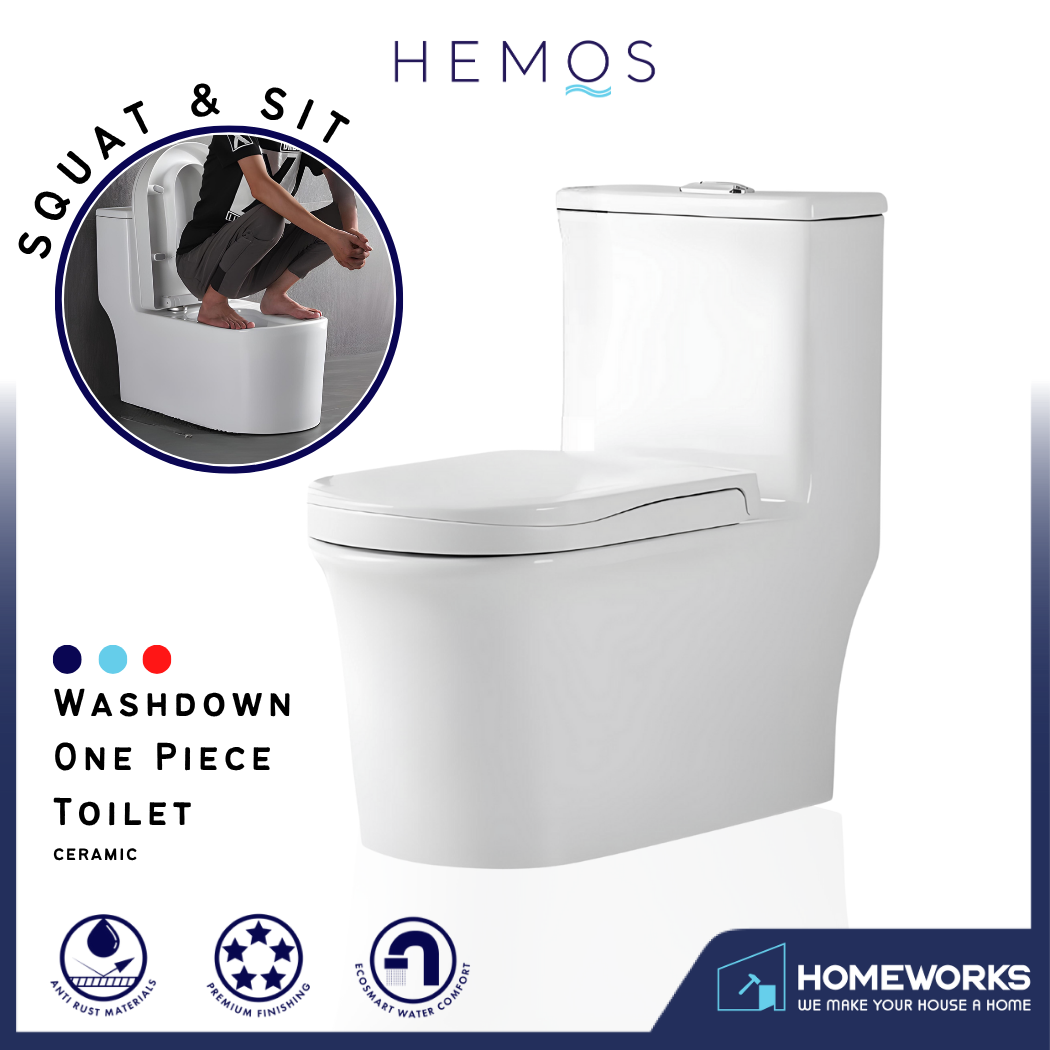 HEMOS BATHROOM CERAMIC WASHDOWN ONE PIECE TOILET BOWL FOR SQUAT & SIT ONE PRESS FLUSH HM-708-250-W