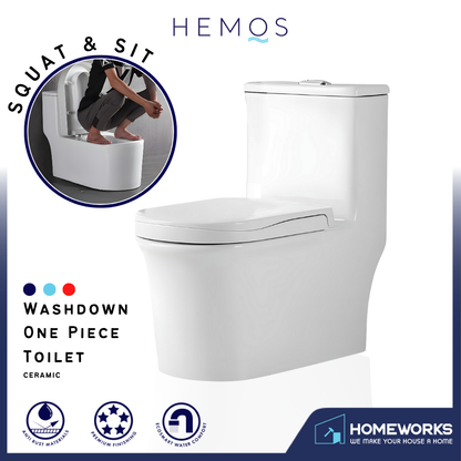HEMOS BATHROOM CERAMIC WASHDOWN ONE PIECE TOILET BOWL FOR SQUAT & SIT ONE PRESS FLUSH HM-708-250-W