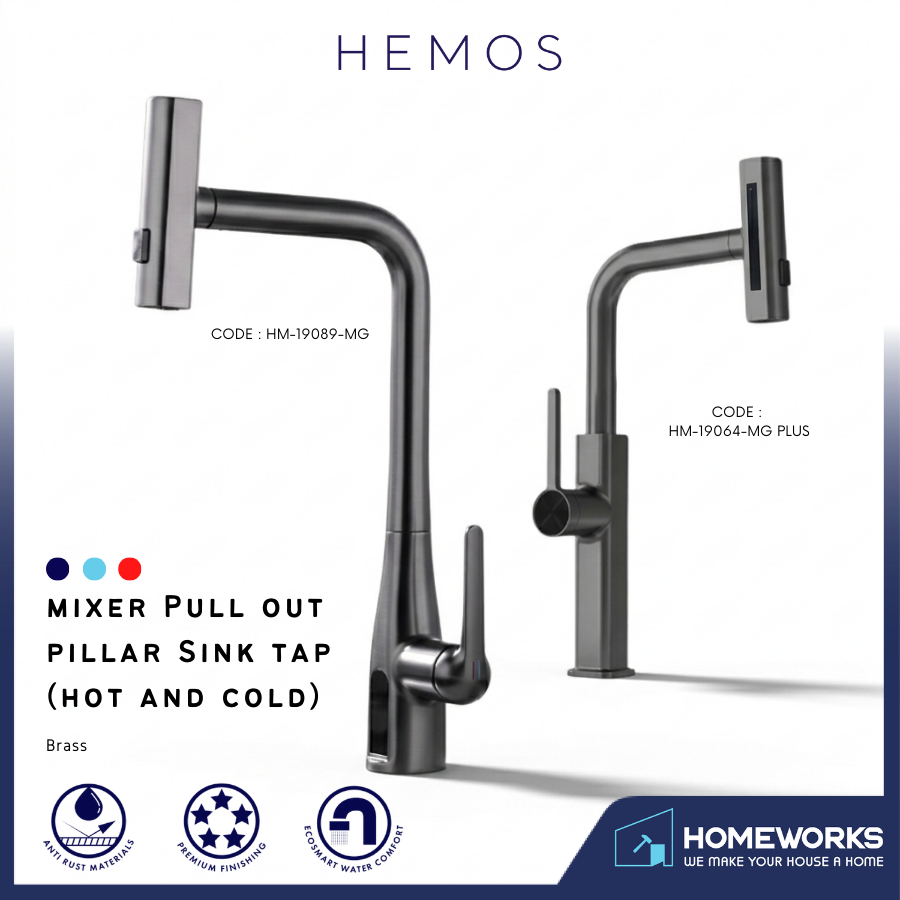HEMOS KITCHEN FAUCET SUS 304 PULL OUT MIXER PILLAR SINK TAP GREY KEPALA PAIP DAPUR HM-19064,19089-MG