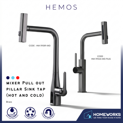 HEMOS KITCHEN FAUCET SUS 304 PULL OUT MIXER PILLAR SINK TAP GREY KEPALA PAIP DAPUR HM-19064,19089-MG