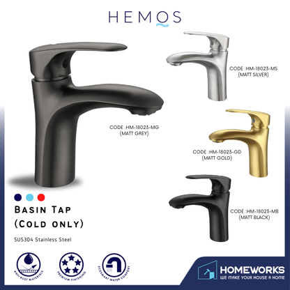 HEMOS BATHROOM FAUCET SU304 PILLAR BASIN COLD TAP KEPALA PAIP BILIK AIR HM-18023-MS,MB,MG,GD