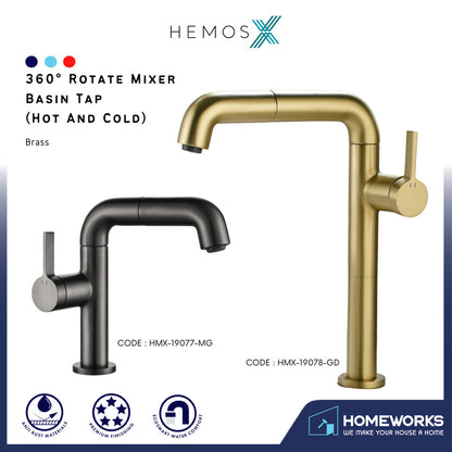 HEMOS BATHROOM BRASS 360° ROTATE MIXER HOT COLD PILLAR BASIN TAP KEPALA PAIR AIR HMX-19077,19078