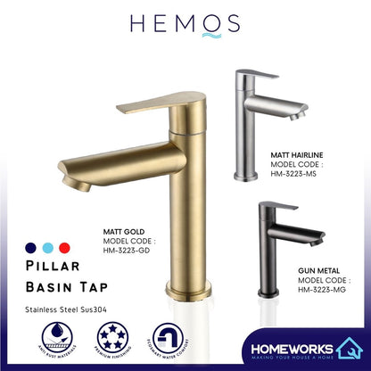 HEMOS BATHROOM FAUCET STAINLESS STEEL SUS 304 PILLAR BASIN TAP HM-3223 (SILVER, GUNMETALGRAY, GOLD)