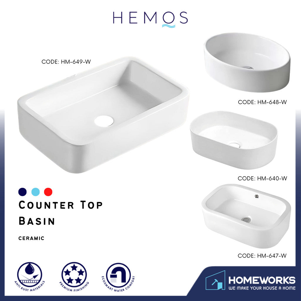 HEMOS BATHROOM CERAMIC WASH BASIN TABLE TOP ART BASIN VESSEL SINK PORCELAIN HM-640,647,648,649-W