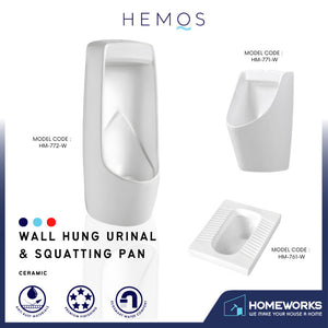 HEMOS BATHROOM WHITE CERAMIC WALL HUNG URINAL FOR MEN & SQUATTING PAN WITH FOOTREST HM-761,771,772-W