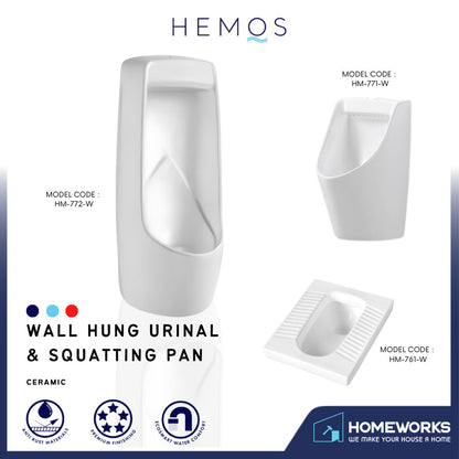 HEMOS BATHROOM WHITE CERAMIC WALL HUNG URINAL FOR MEN & SQUATTING PAN WITH FOOTREST HM-761,771,772-W