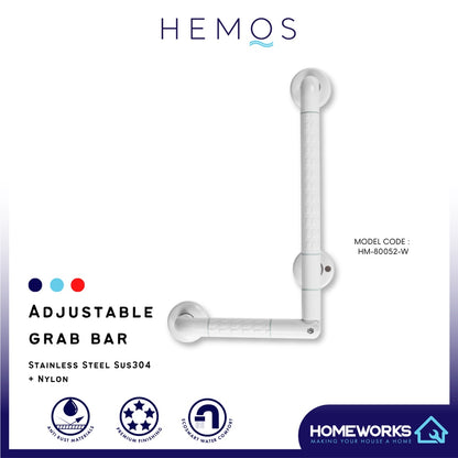 HEMOS BATHROOM SUS 304 WHITE NYLON ANTI SLIP ADJUSTABLE SAFETY GRAB BAR PEMEGANG TANDAS HM-88051-W