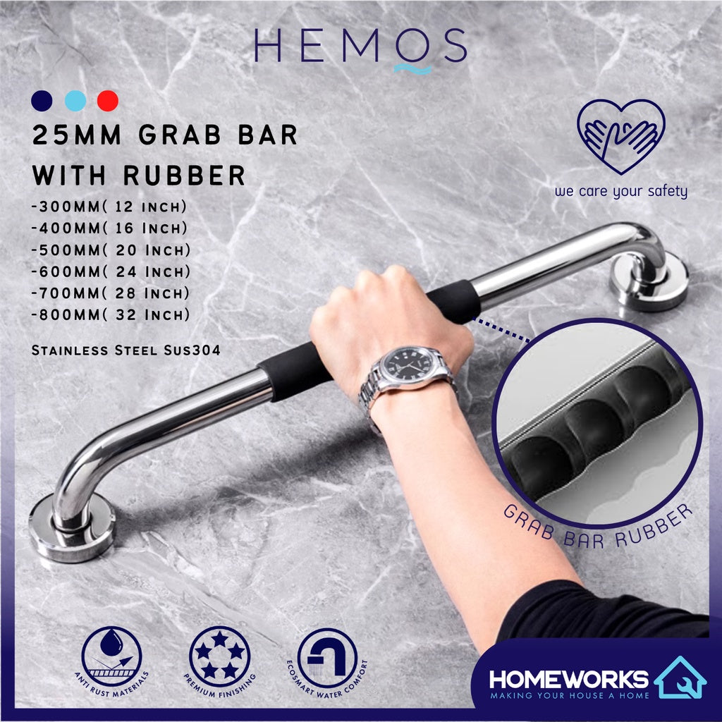 HEMOS BATHROOM SUS 304 SAFETY BAR HANDRAIL GRIP GRAB BAR WITH ANTI SLIP RUBBER PEMEGANG TANDAS