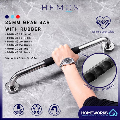HEMOS BATHROOM SUS 304 SAFETY BAR HANDRAIL GRIP GRAB BAR WITH ANTI SLIP RUBBER PEMEGANG TANDAS