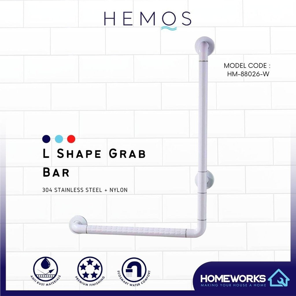 HEMOS L SHAPE WHITE SAFETY TOILET GRIP HANDBAR HANDLE HANDRAIL GRAB BAR PEMEGANG TANDAS HM-88026-W