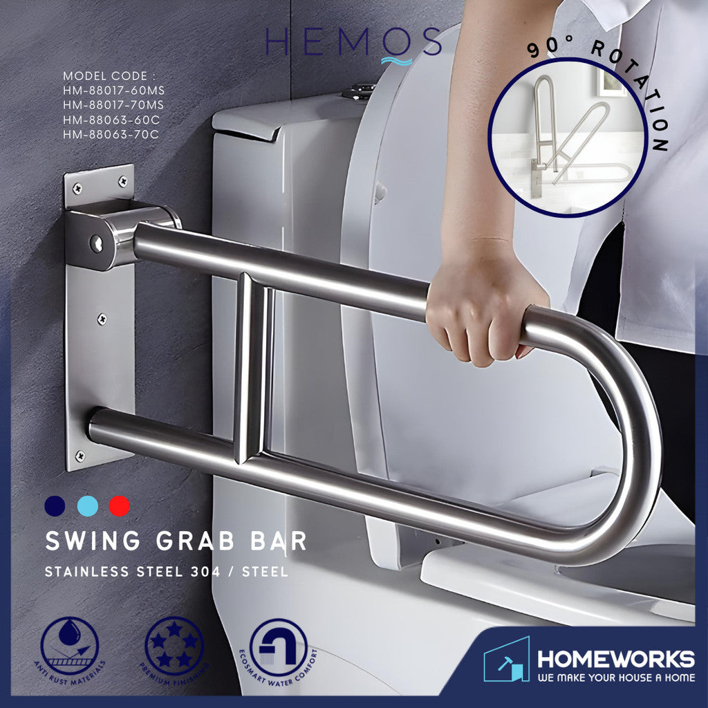 HEMOS BATHROOM SUS 304 HANDICAP SAFETY GRIP HANDRAIL SWING GRAB BAR PEMEGANG TANDAS HM-88017,88063