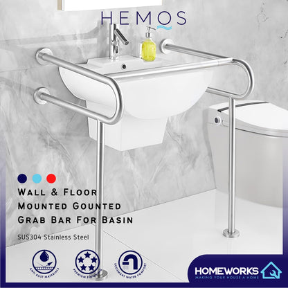 HEMOS BATHROOM SUS 304 WALL & FLOOR MOUNTED SAFETY GRAB BAR FOR BASIN PEMEGANG TANGAN HM-88054-MS