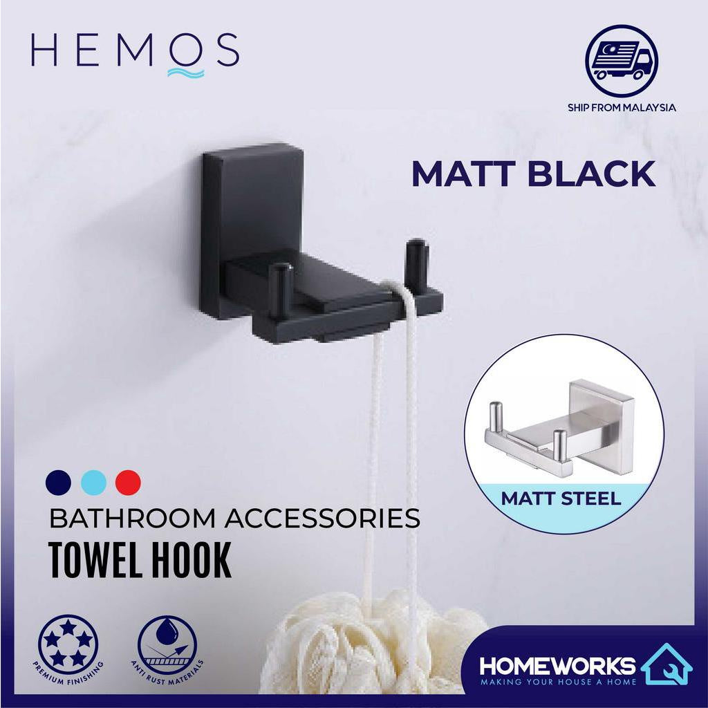 HEMOS STAINLESS STEEL SUS 304  BATHROOM ACCESSORIES FITTINGS TOWEL HOOK HM-82800 (MATT BLACK,SILVER)
