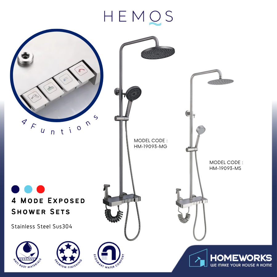 HEMOS BATHROOM FAUCET 4 MODE STAINLESS STEEL 304 MIXER EXPOSED MATT SILVER & GRAY SHOWER SETS HM-19093