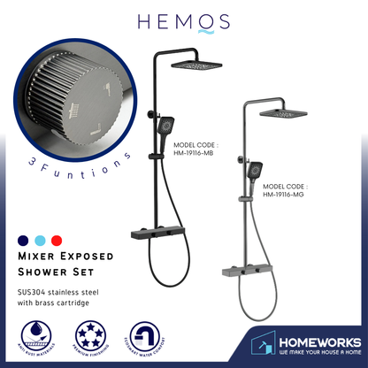 HEMOS BATHROOM FAUCET 3 MODE SUS304 STEEL WITH BRASS CARTRIDGE MIXER RAIN SHOWER SETS SET MANDIAN HM-19116-MB,MG