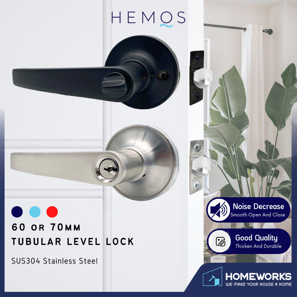 HEMOS 60-70MM TUBULAR LEVEL DOOR LOCK KUNCI TOMBOL PINTU RUMAH SILVER BLACK HM-5211