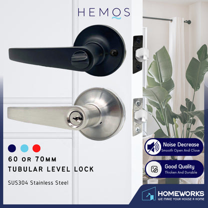 HEMOS 60-70MM TUBULAR LEVEL DOOR LOCK KUNCI TOMBOL PINTU RUMAH SILVER BLACK HM-5211