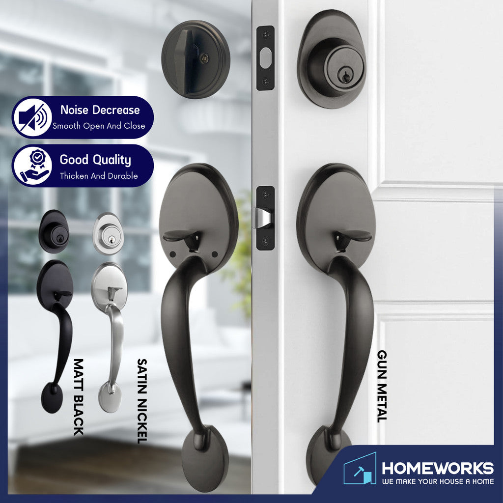 HEMOS 60-70MM DOUBLE ENTRANCE MAIN DOOR HANDLESET LOCK TOMBOL PINTU DEPAN HM-5103-MS,MB,MG