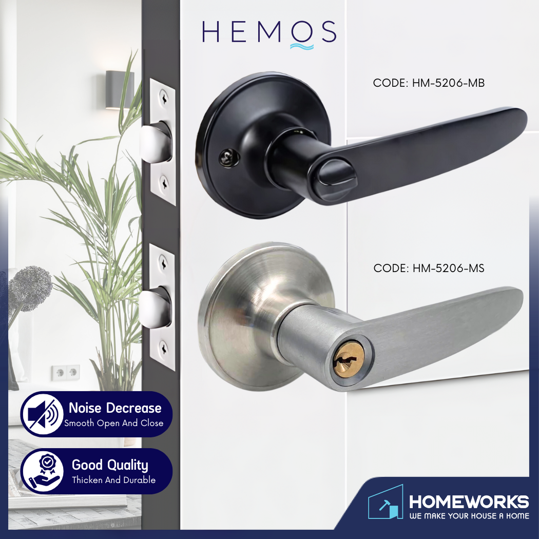 HEMOS 60-70MM TUBULAR LEVEL DOOR LOCK KUNCI TOMBOL PINTU RUMAH SILVER BLACK HM-5206-MS,MB