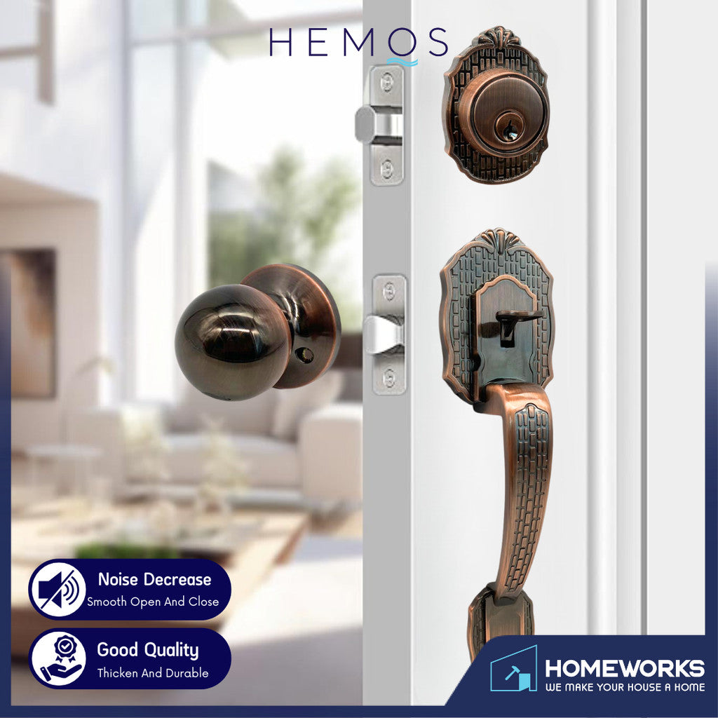 HEMOS 60-70MM DOUBLE ENTRANCE MAIN DOOR HANDLESET LOCK ANTIQUE COOPER TOMBOL PINTU DEPAN HM-5104-AC
