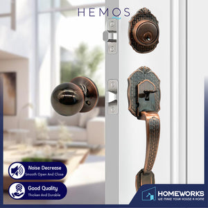 HEMOS 60-70MM DOUBLE ENTRANCE MAIN DOOR HANDLESET LOCK ANTIQUE COOPER TOMBOL PINTU DEPAN HM-5104-AC