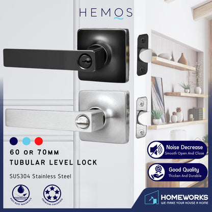HEMOS 60-70MM TUBULAR LEVEL DOOR LOCK KUNCI TOMBOL PINTU RUMAH SILVER BLACK HM-5205