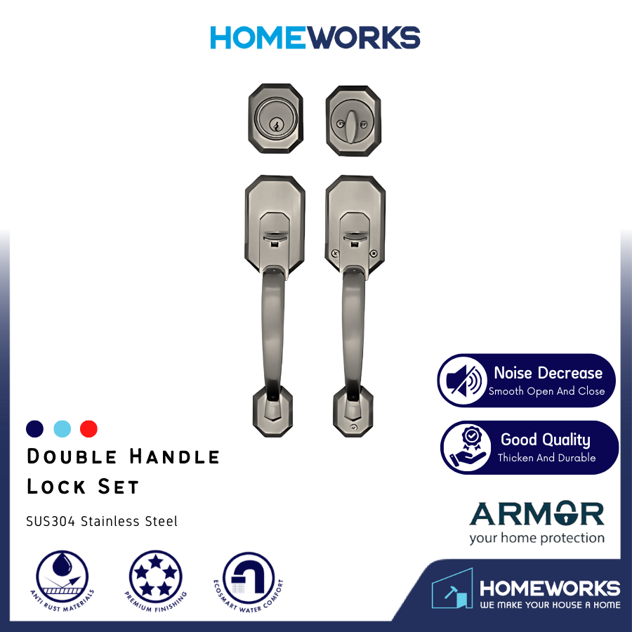 GRIPSET ENTRANCE MAIN DOOR HANDLE LOCK TOMBOL PINTU 60-70MM DOUBLE HANDLESET MATT GREY ATH-100