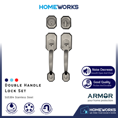 GRIPSET ENTRANCE MAIN DOOR HANDLE LOCK TOMBOL PINTU 60-70MM DOUBLE HANDLESET MATT GREY ATH-100