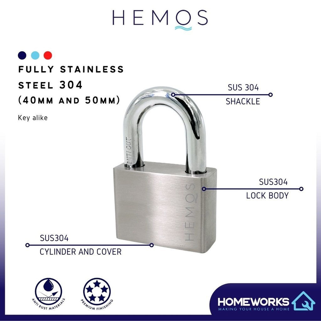 HEMOS 40/50MM SUS 304 STAINLESS STEEL MOTOR HOUSE SECURITY SAFETY ANTI-CUT PADLOCK KUNCI MANGGA