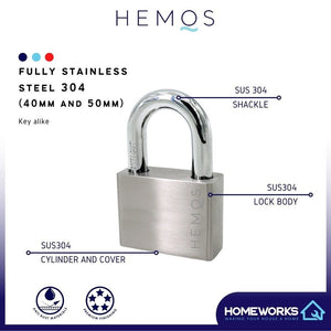 HEMOS 40/50MM SUS 304 STAINLESS STEEL MOTOR HOUSE SECURITY SAFETY ANTI-CUT PADLOCK KUNCI MANGGA
